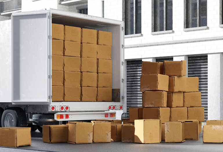 Vintage toy truck with cardboard boxes. Shipping and delivery co
