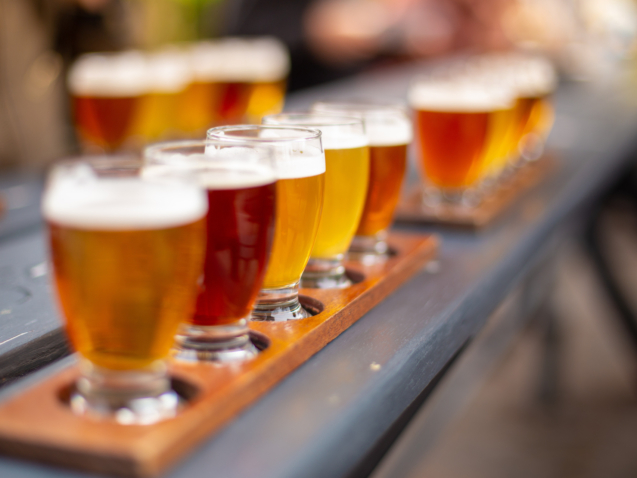 Line of beers on wooden table in a beer garden